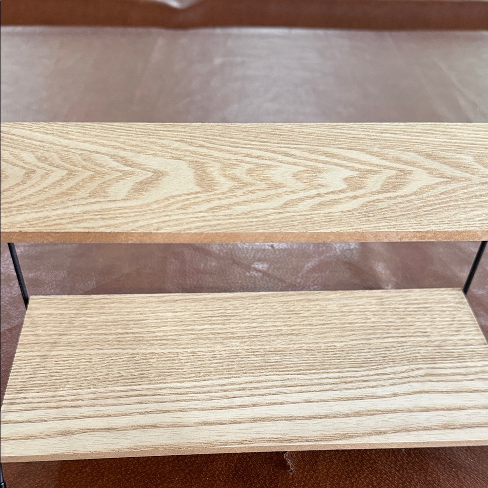Two-Tier Light Wood Shelf with Black Metal Supports